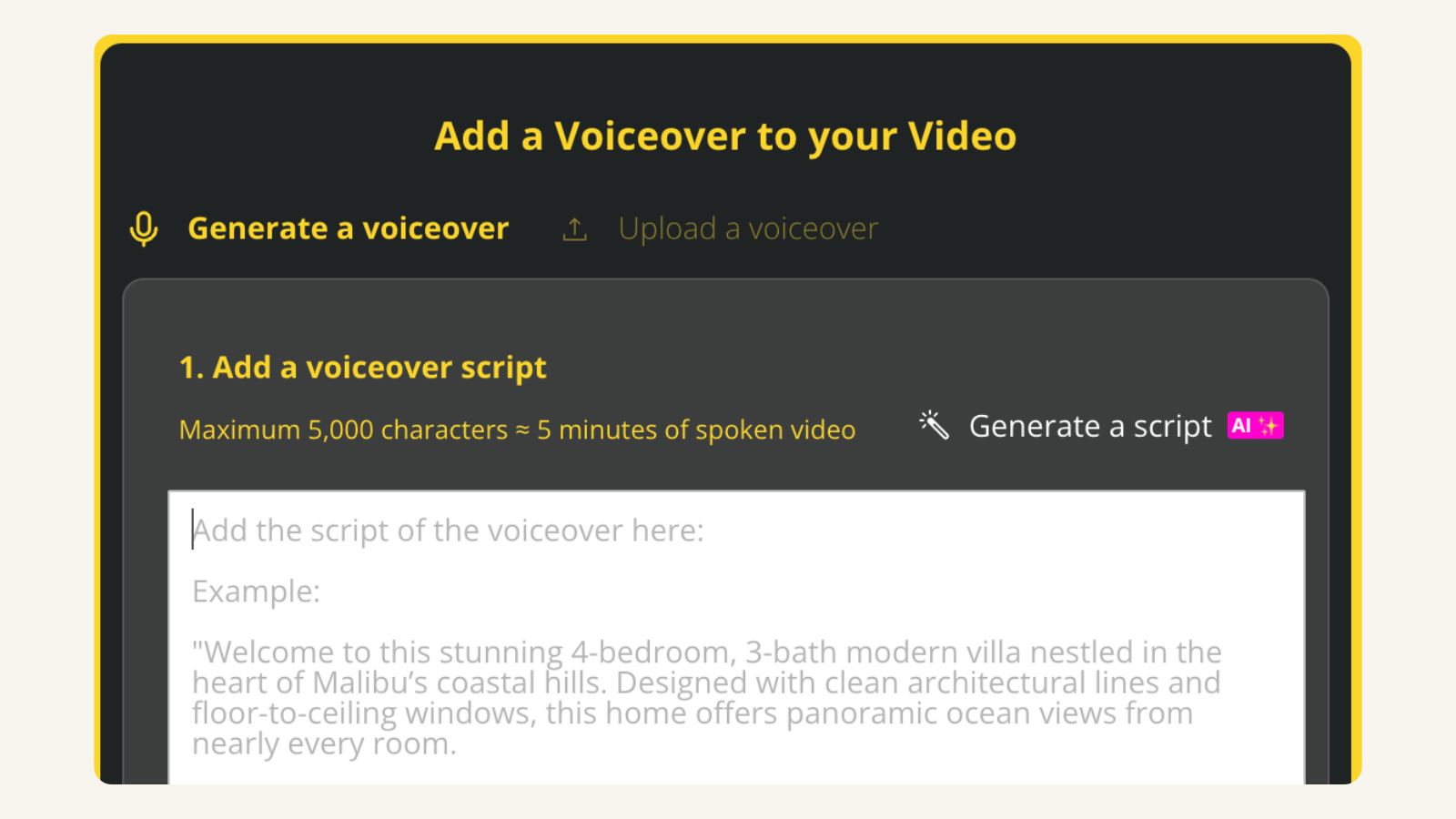 VideoTour.ai voiceover script editor for a real estate listing