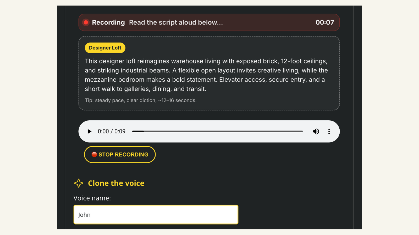VideoTour.ai voice cloning and narrator selection screen